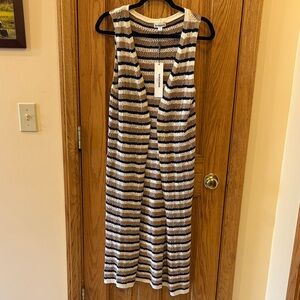 Vigoss Open-Front Striped Open Knit Maxi Vest in Black, Cream & Tan